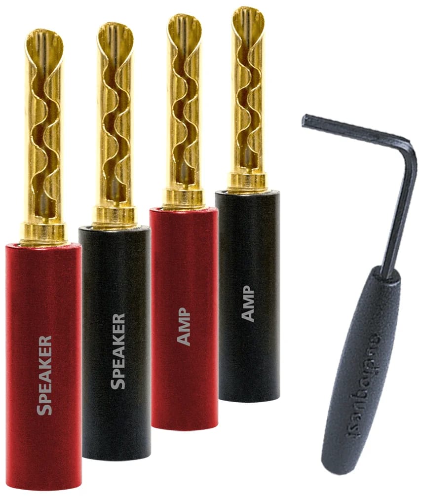 AudioQuest SureGrip 100 Banana Gold Bananenstecker mit beschrifteten Gehäusen und Mini-Schraubenschlüssel