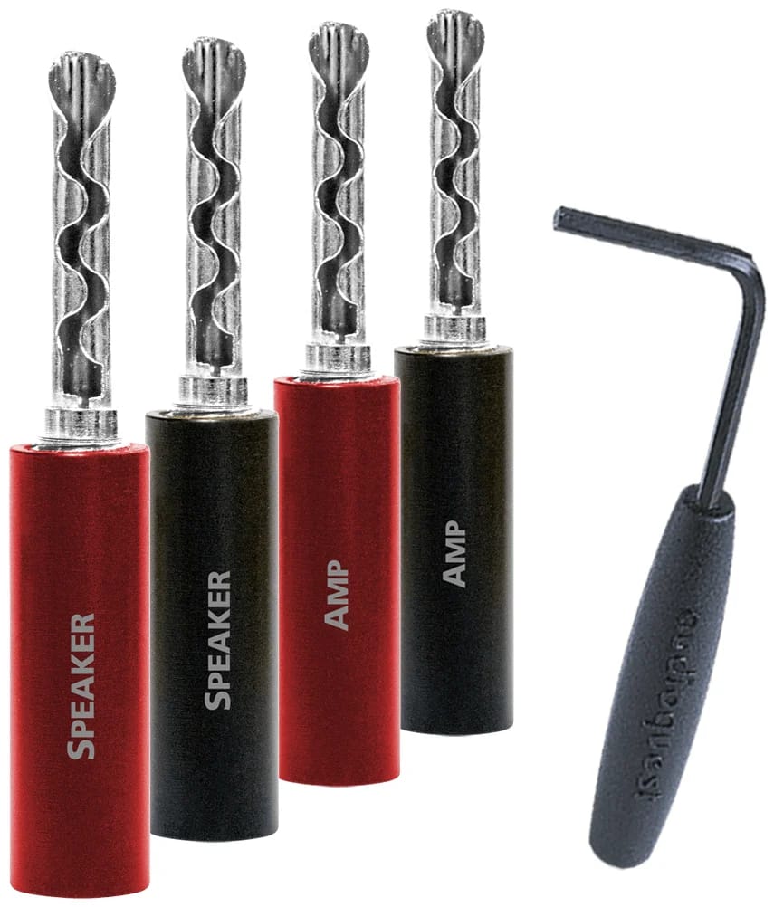 AudioQuest SureGrip 100 Banana Silber Bananenstecker mit beschrifteten Gehäusen und Mini-Schraubenschlüssel