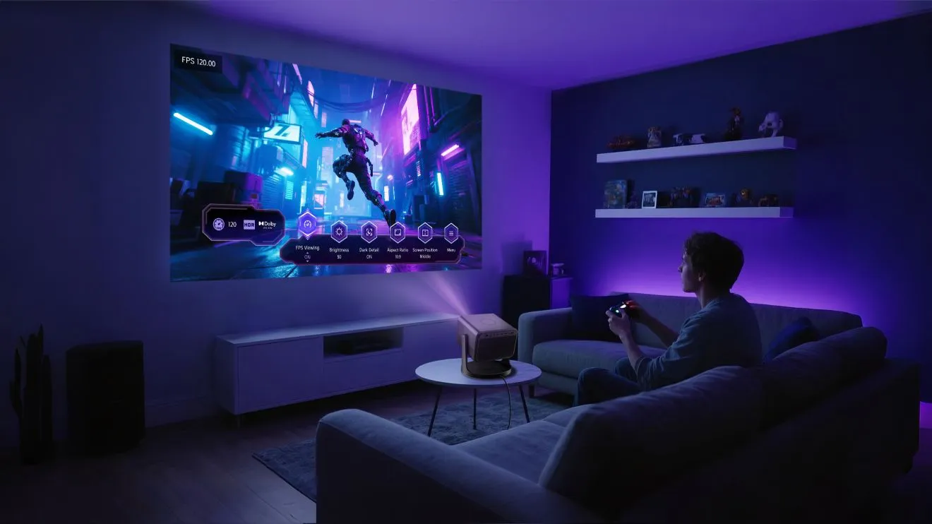 Person spielt Videospiel mit Beamer im Wohnzimmer.