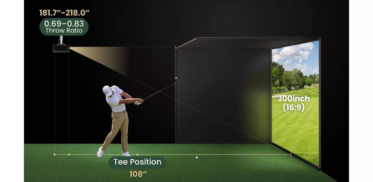 BenQ AK800ST an der Decke über dem Abschlagbereich eines Golfsimulators.