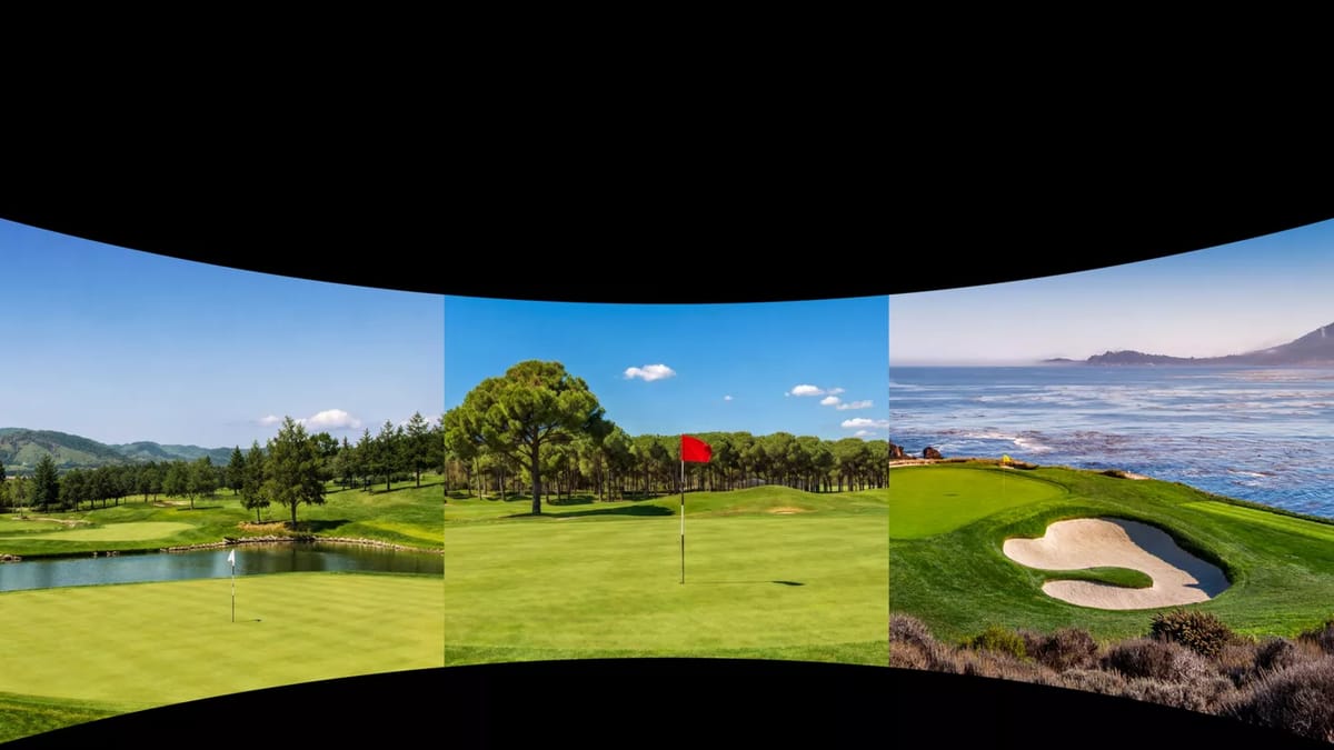 Panorama eines Golfplatzes auf gebogener Simulator-Leinwand.