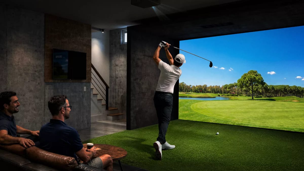 BenQ AK800ST im Golfsimulator: Golfspieler beim Abschlag vor großer Leinwand.