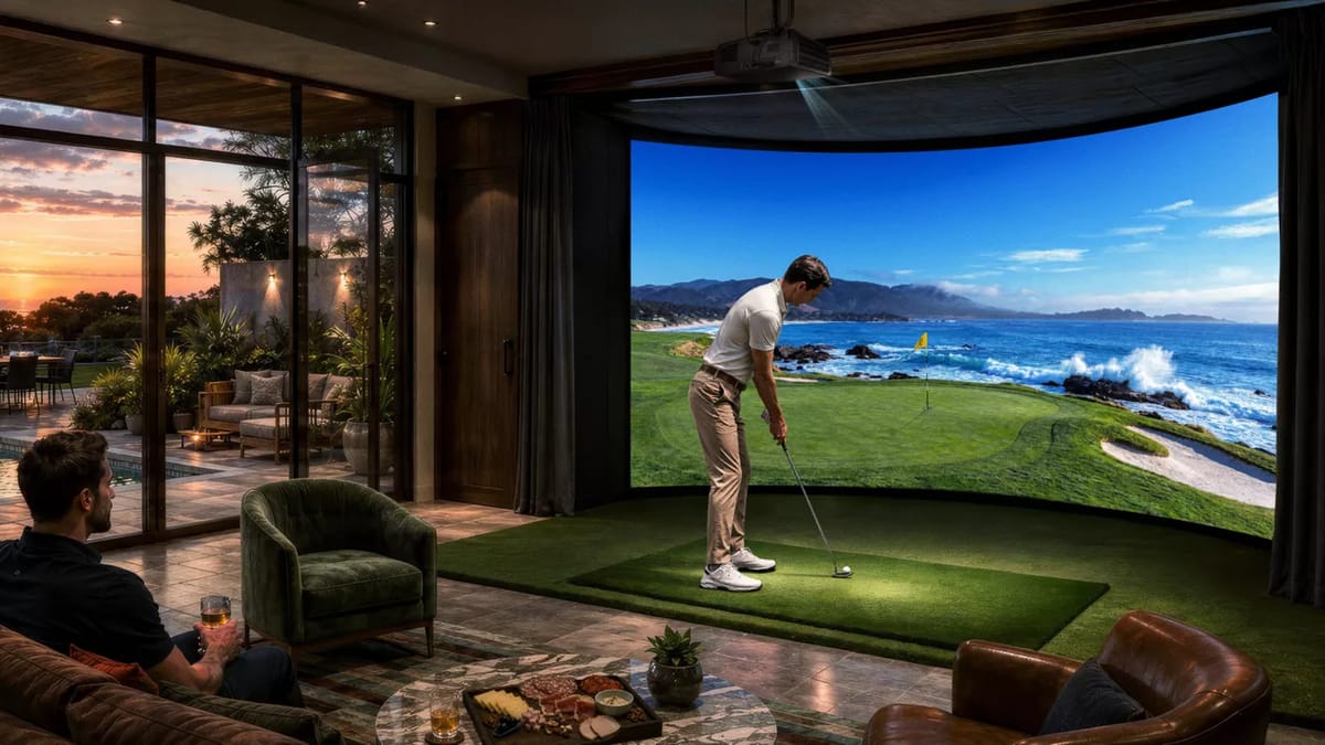 BenQ AK900ST im Golfsimulator: Spieler beim Abschlag in einem Wohnraum mit großer Leinwand.