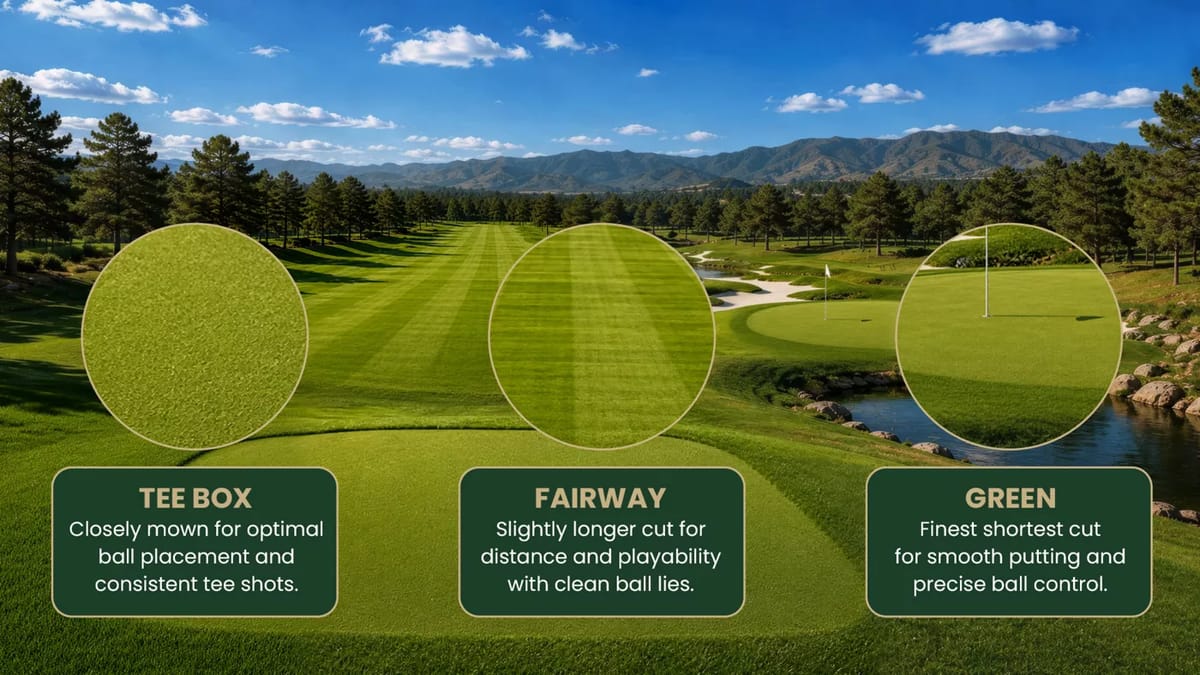 Rasenstrukturen von Abschlag, Fairway und Grün im Vergleich.