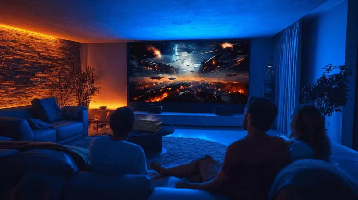 Heimkino mit blauer Beleuchtung und Zuschauern vor der Leinwand