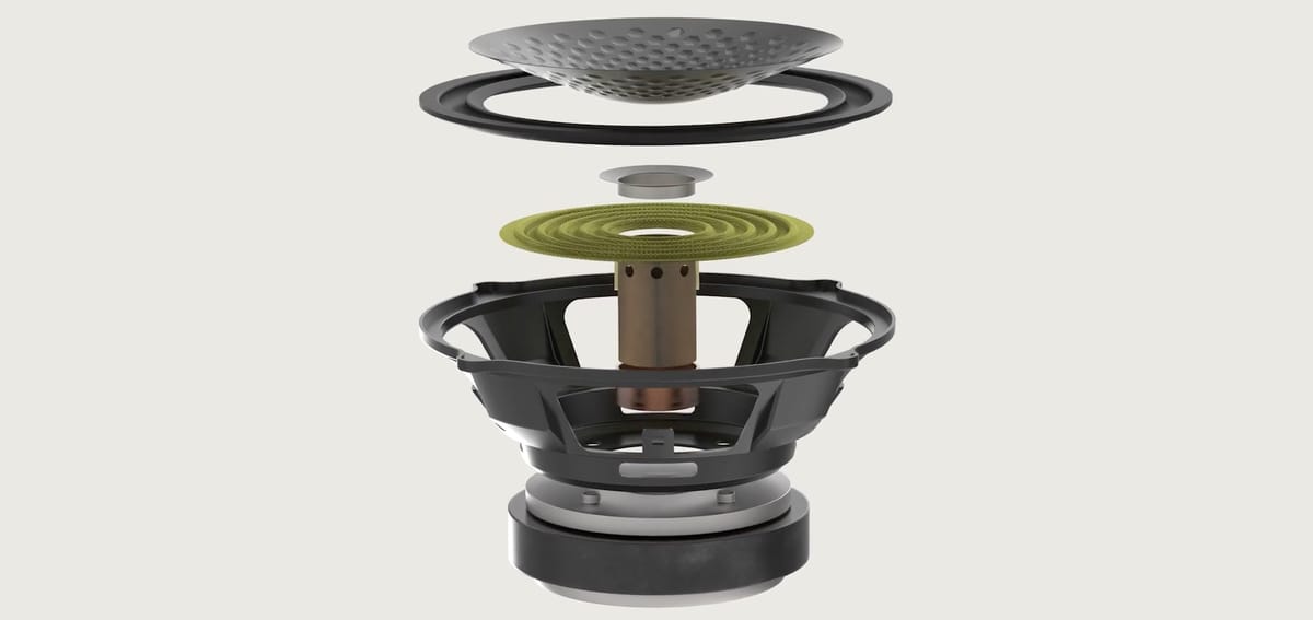 Explosionsdarstellung eines Lautsprechers in Einzelteilen.