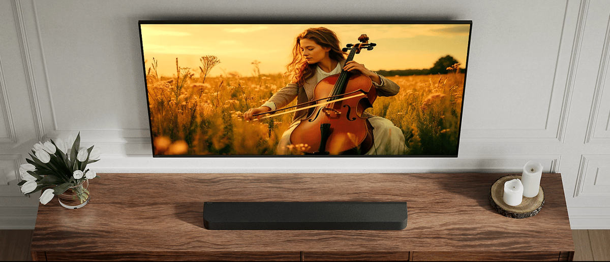 Fernseher mit Bild einer Cellistin im Feld.