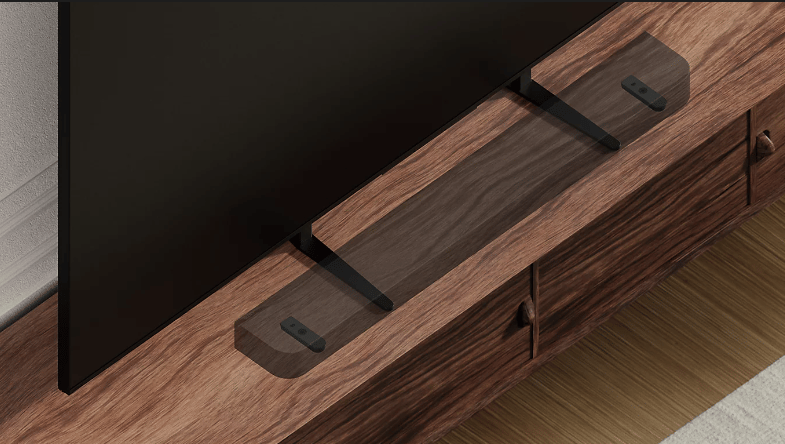 Fernseher auf Holzschrank mit Beamer-Halterung.