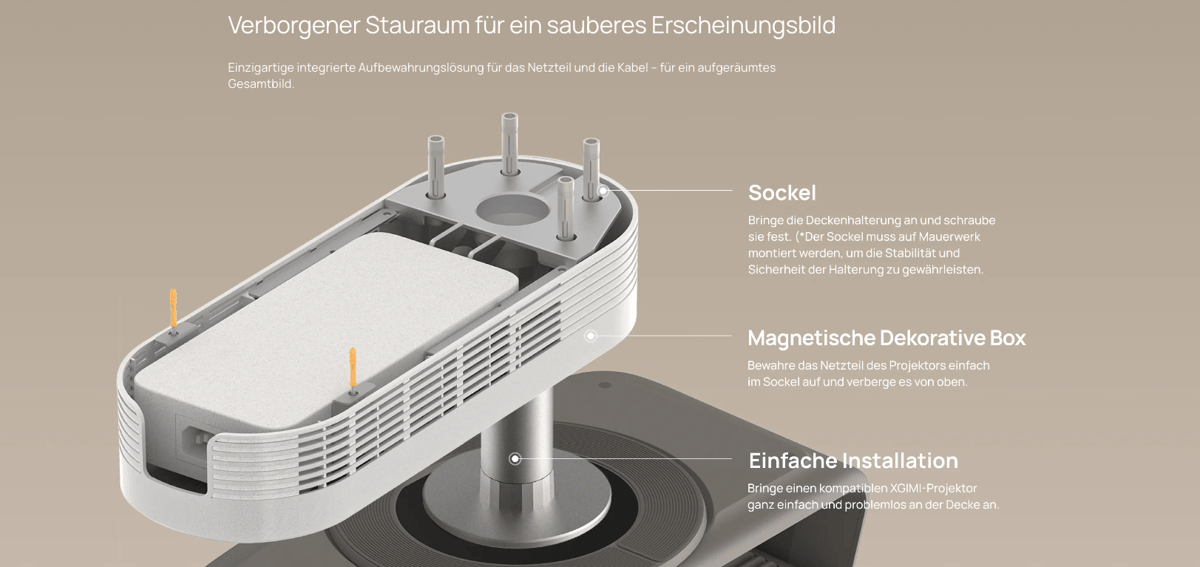 Verborgener Stauraum für Beamer-Zubehör.