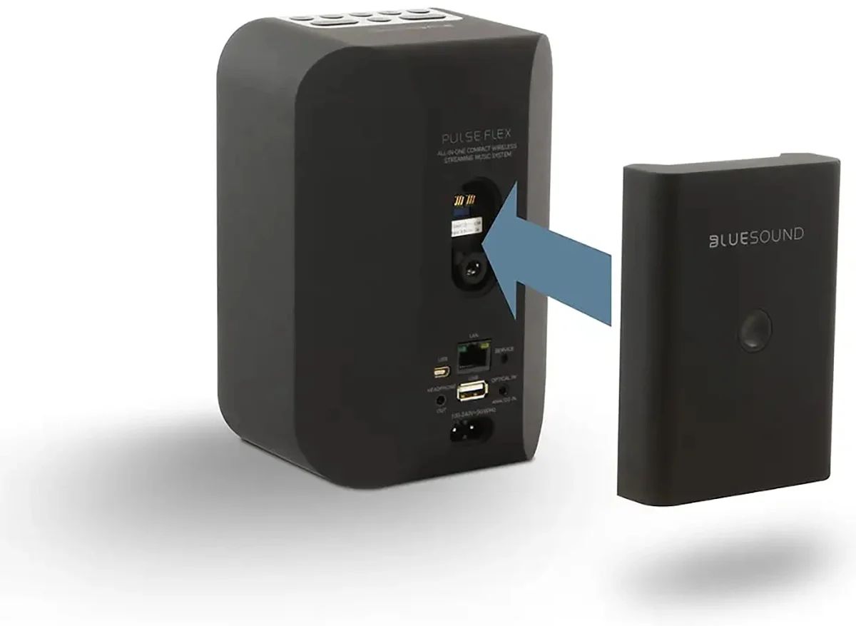Bluesound BP100 wird an der Rückseite des PULSE FLEX angesetzt