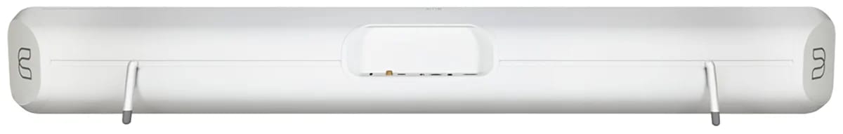 Rückseite der Bluesound PULSE SOUNDBAR+ in Weiß mit den Anschlüssen