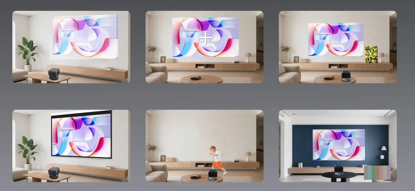 Beamer in verschiedenen Wohnzimmerszenen.