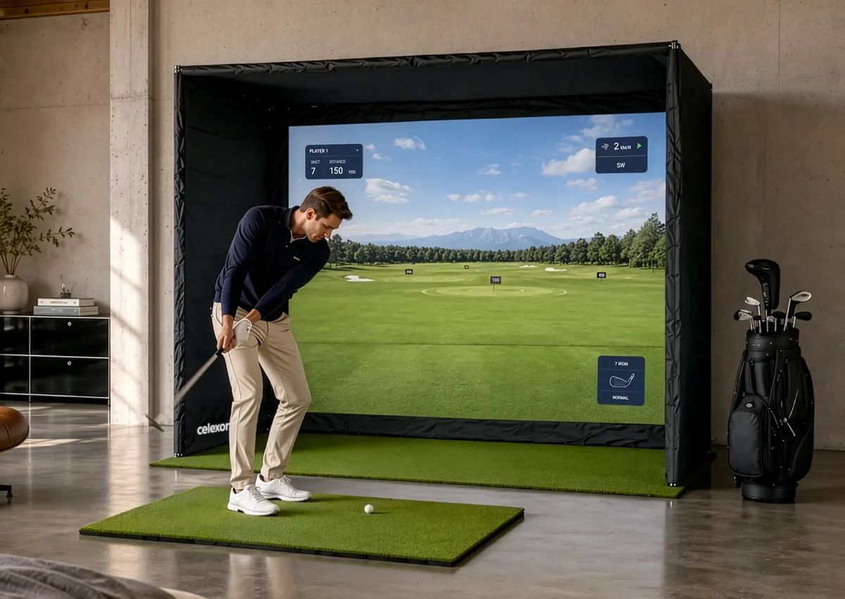 celexon FAIRWAY Professional Golf Simulator mit Spieler beim Abschlag im Wohnraum