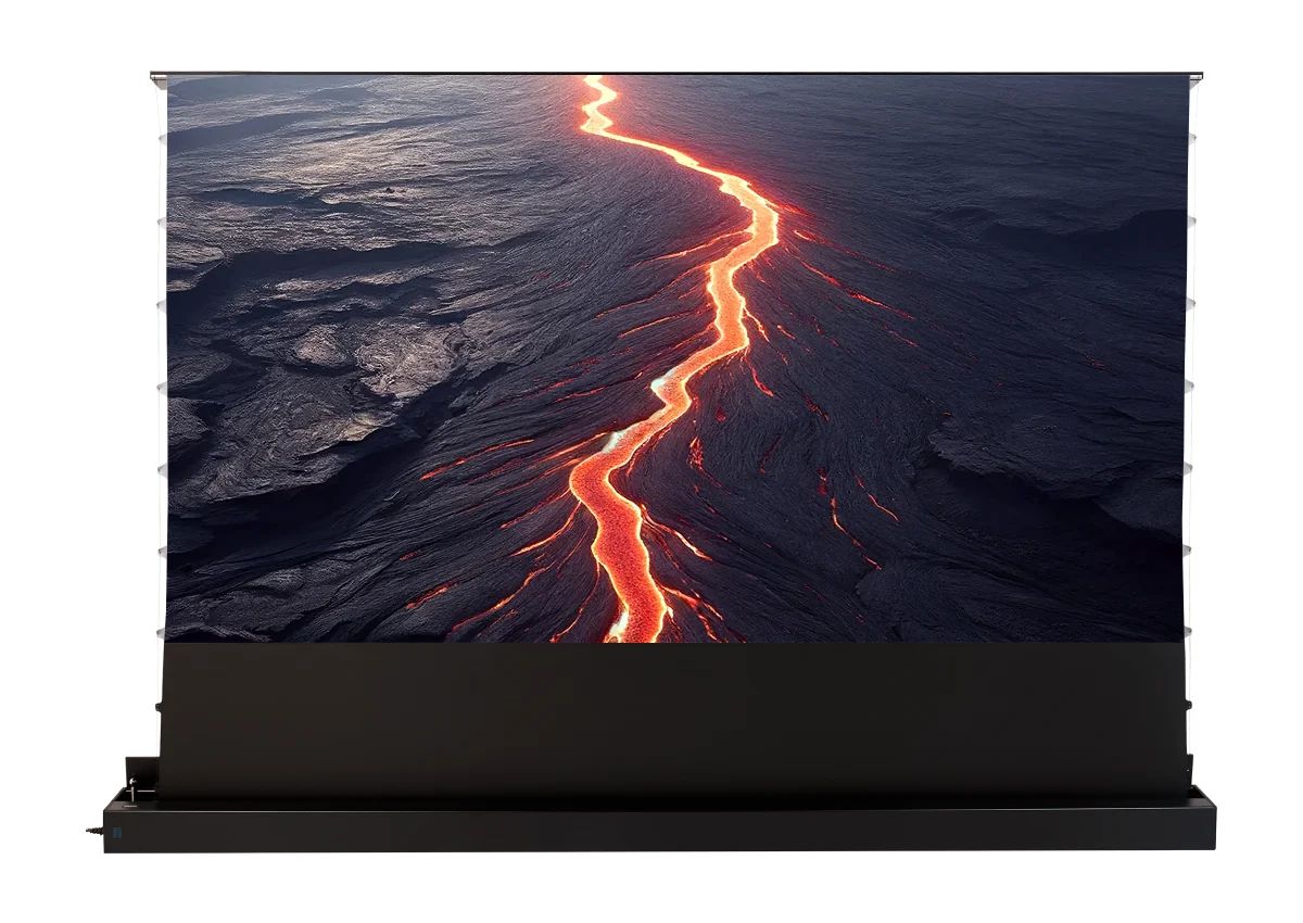 celexon CLR HomeCinema Plus mit schwarzem Gehäuse und ausgefahrenem Tuch
