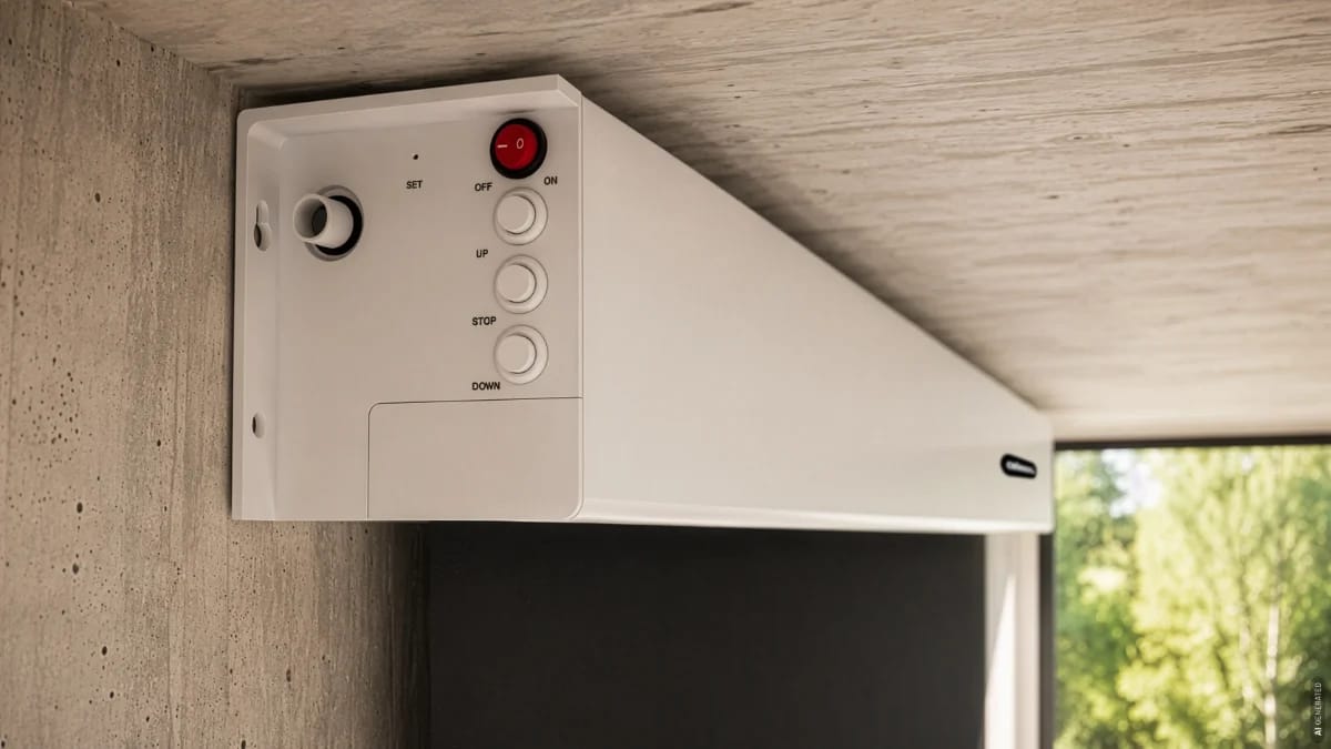 Gehäuse an der Decke mit Ladebuchse und Bedientasten in der Seitenkappe