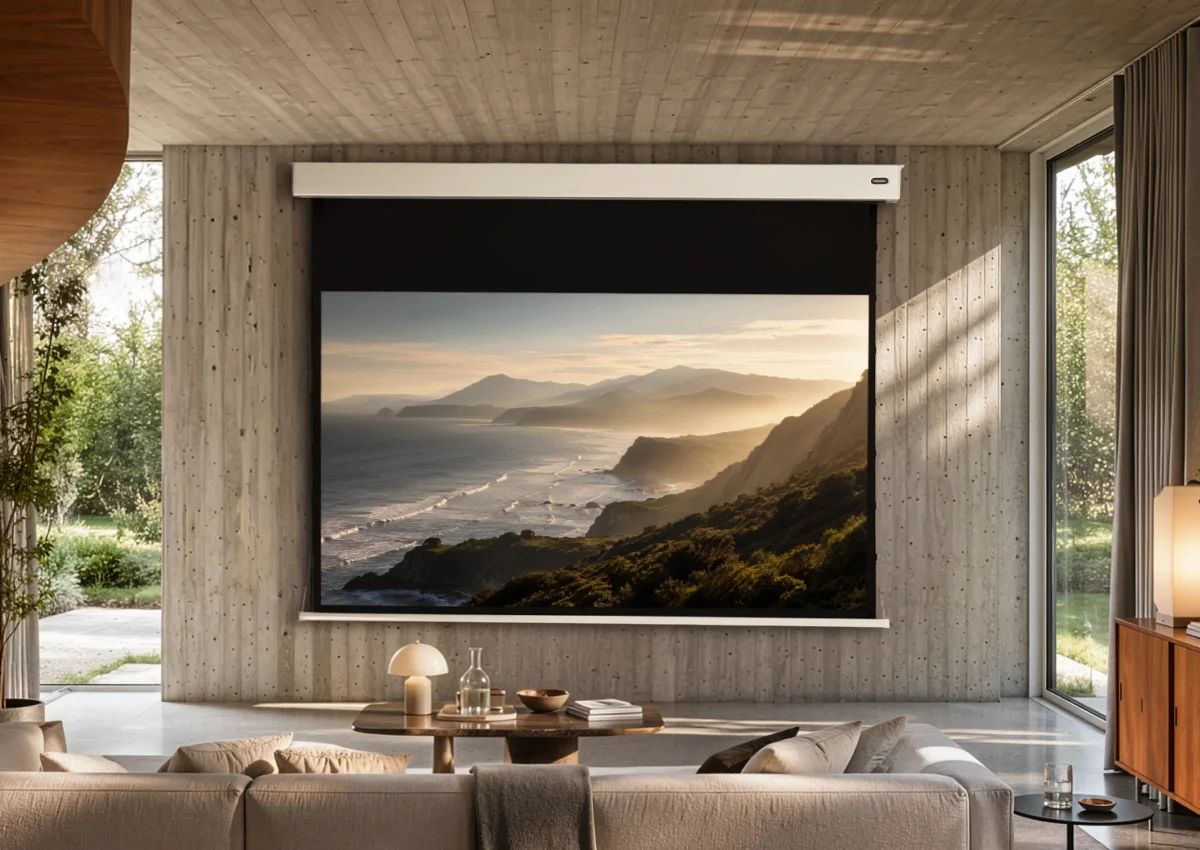 celexon Pearlstone im Wohnraum heruntergefahren, Landschaftsbild auf der Leinwand