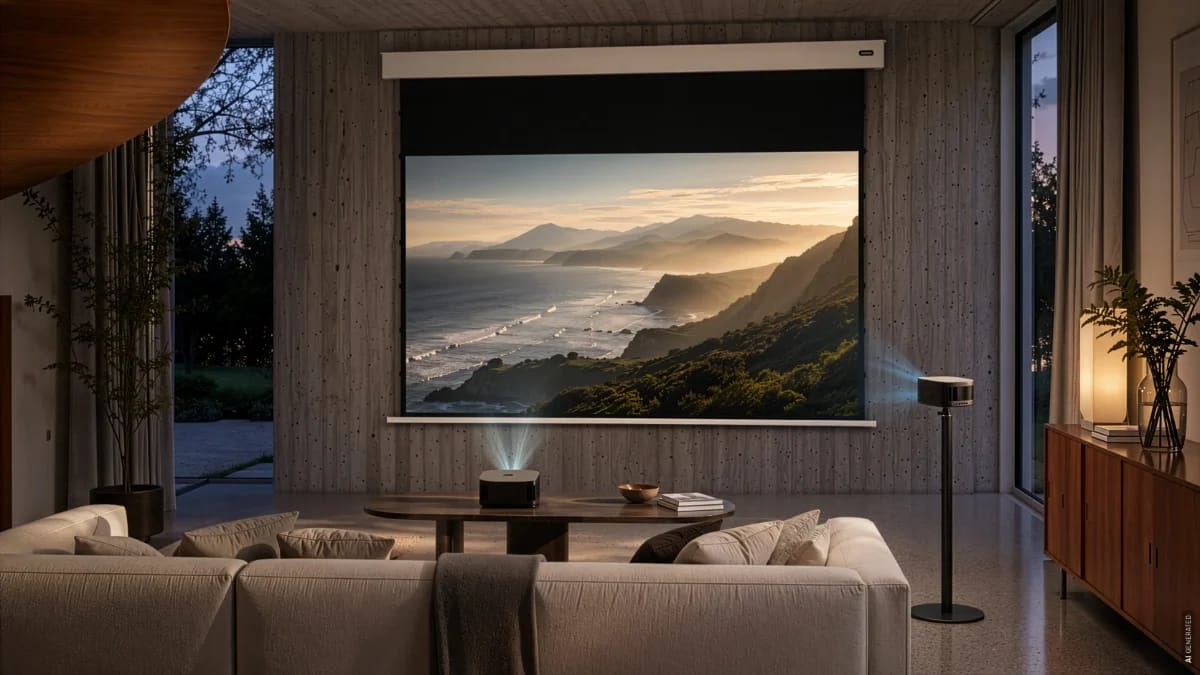 Helles Wohnzimmer mit heruntergefahrener Leinwand vor einer Fensterfront