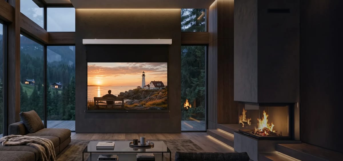 Modernes Wohnzimmer mit Beamer und Kamin.