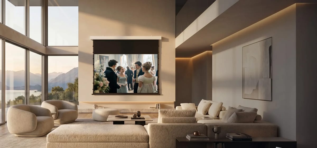 Modernes Wohnzimmer mit Beamer und gemütlichen Möbeln.