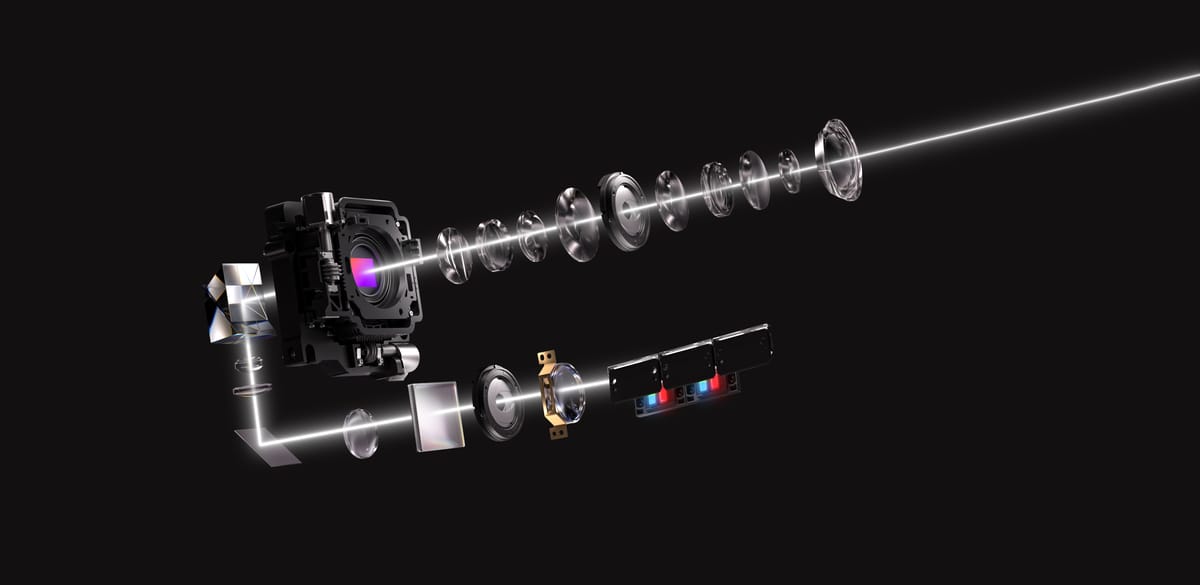 Explosionsdarstellung eines Kameraobjektivs und Beamers.