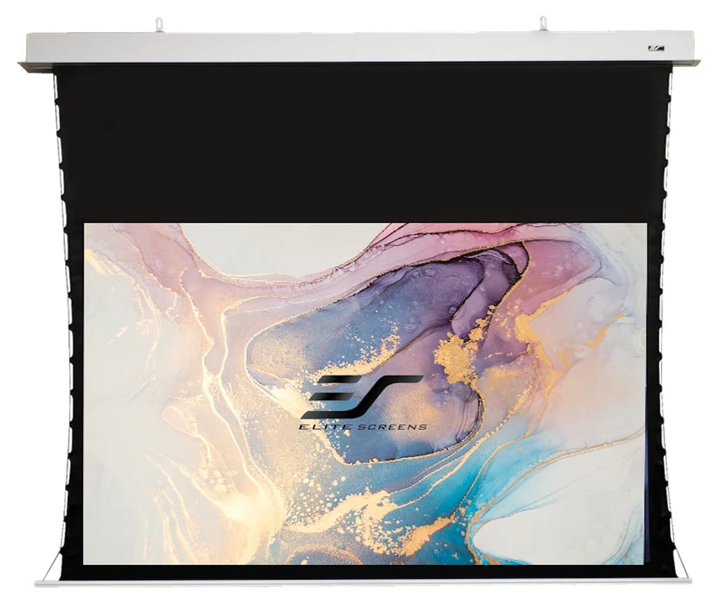 Elite Screens Evanesce Tab Tension Deckeneinbau-Leinwand mit ausgefahrenem Tuch