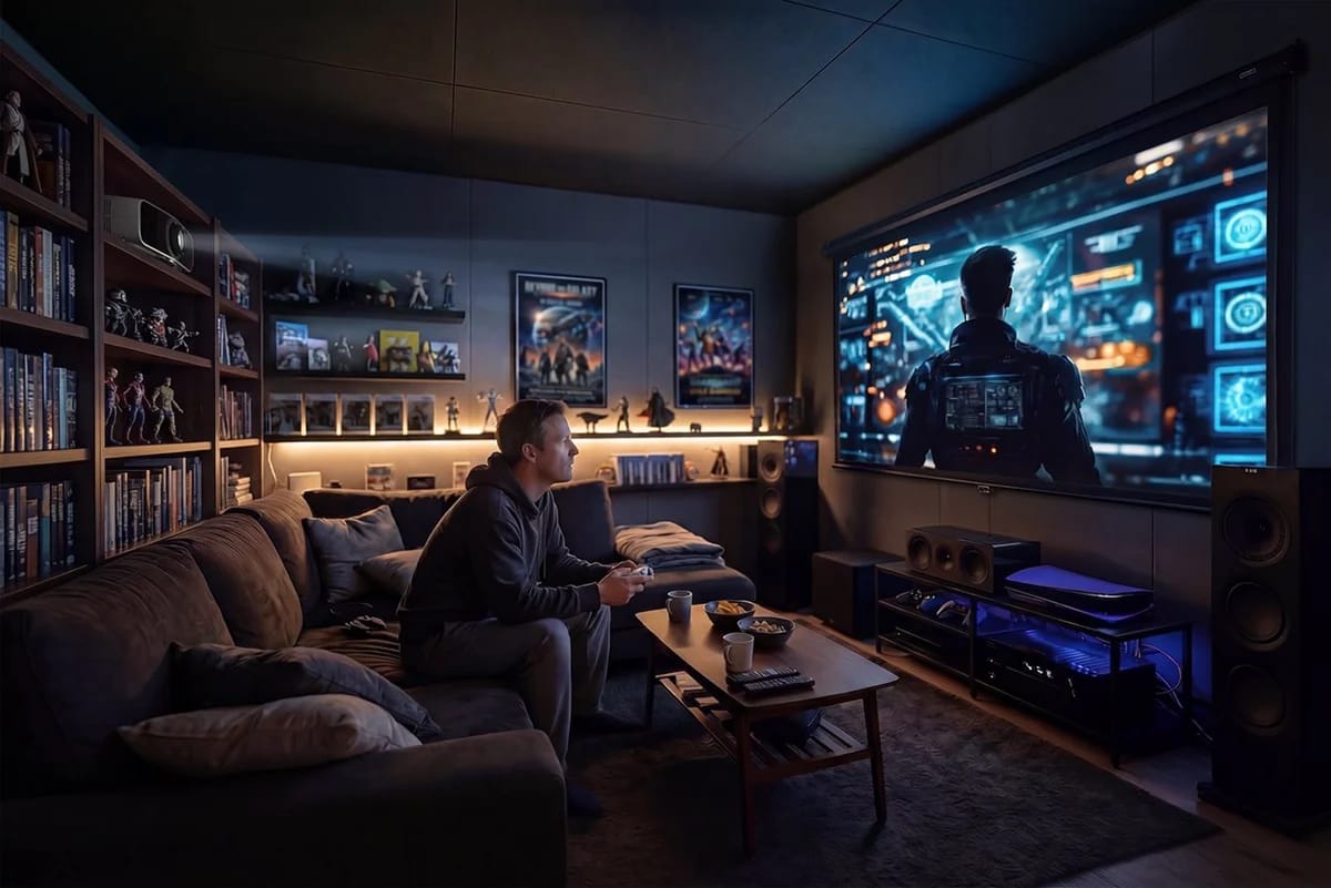Hobbyraum mit Epson EH-LS7500 im Regal und Videospiel auf der Leinwand