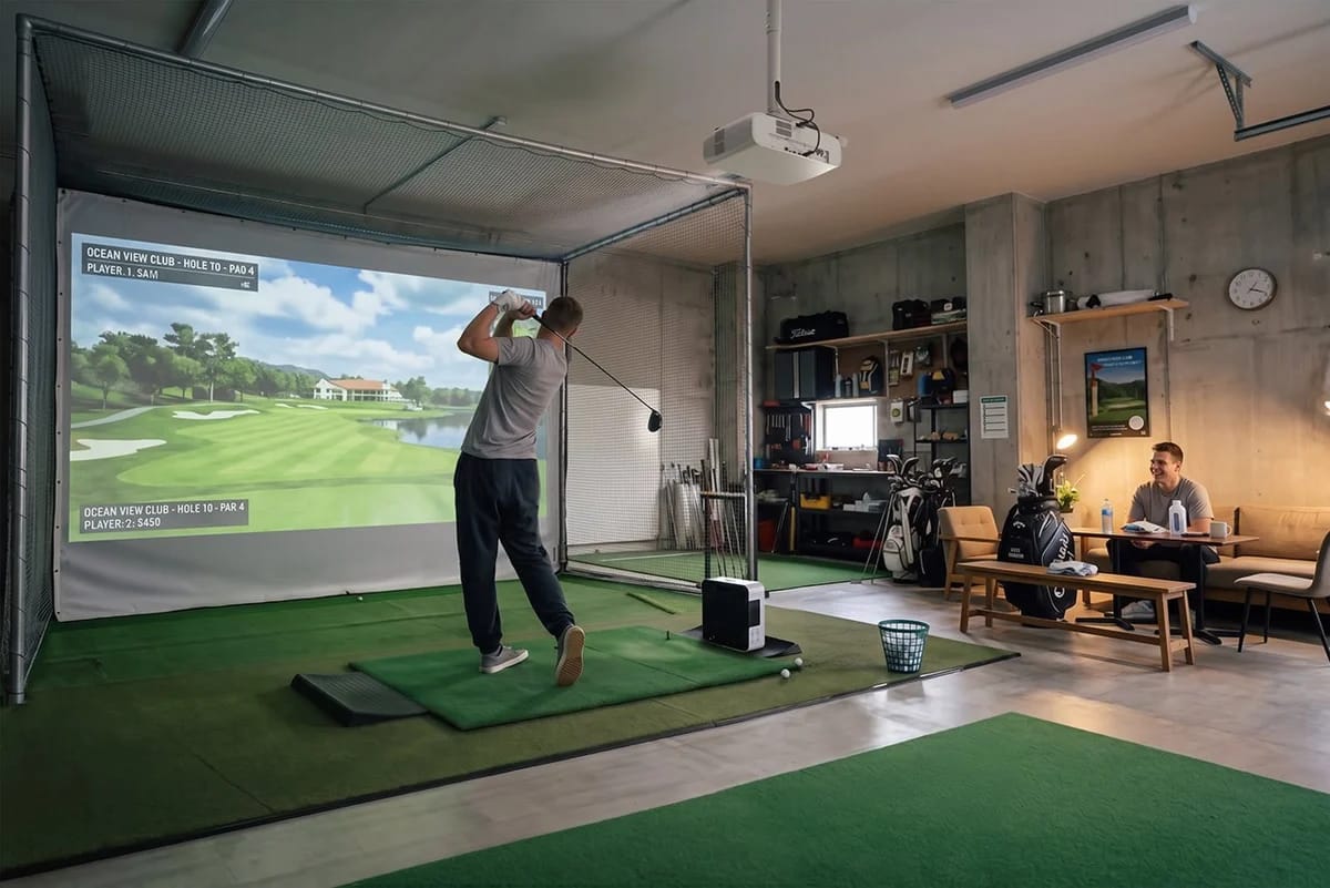 Epson EH-LS7500 an der Decke über einem Golfsimulator in einer Garage