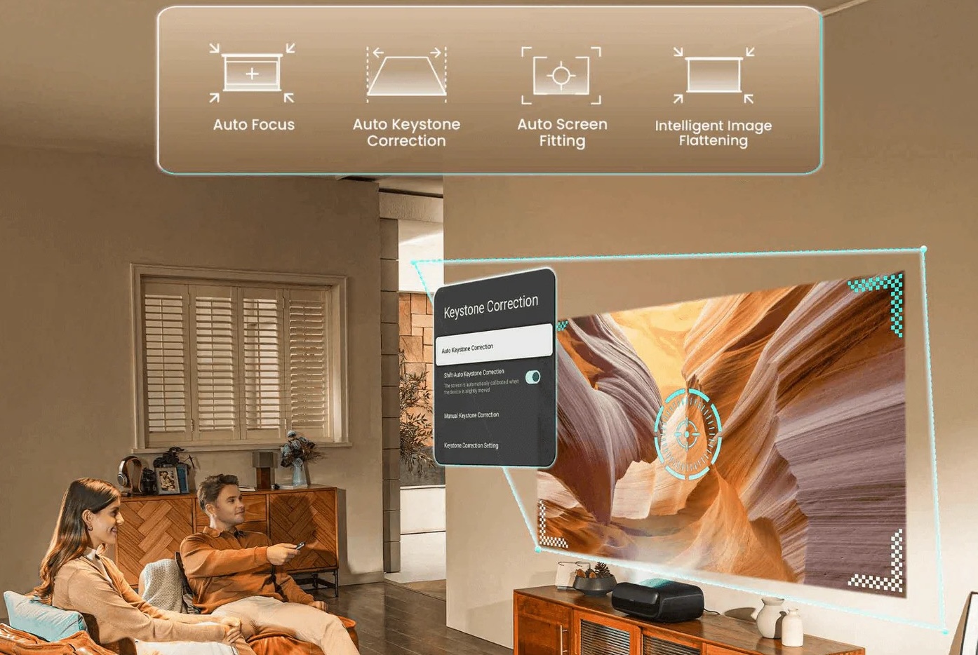 Beamer mit automatischer Bildkorrektur im Wohnzimmer.