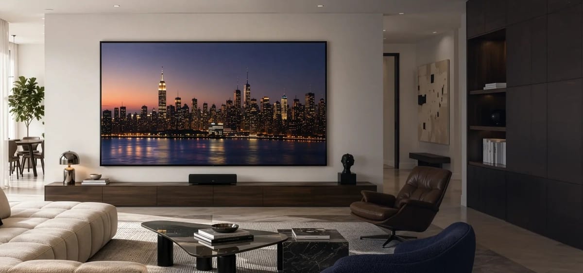 Modernes Wohnzimmer mit großem Beamer-Bildschirm.