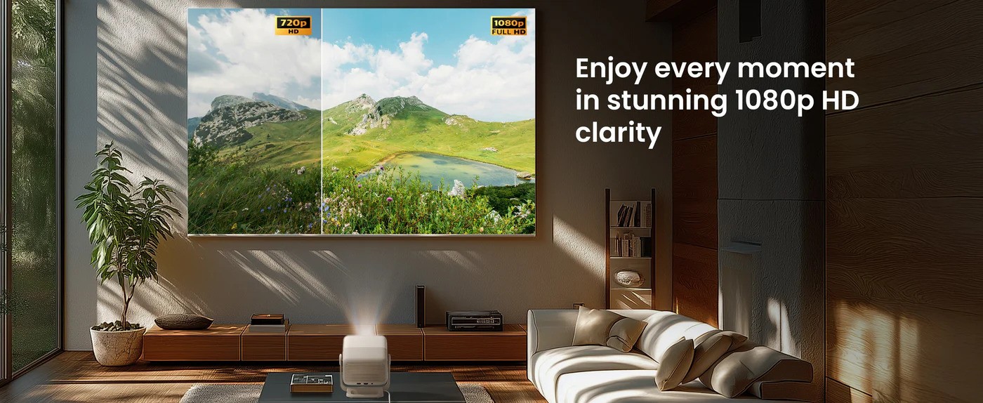 Beamer zeigt 720p vs. 1080p Vergleich.