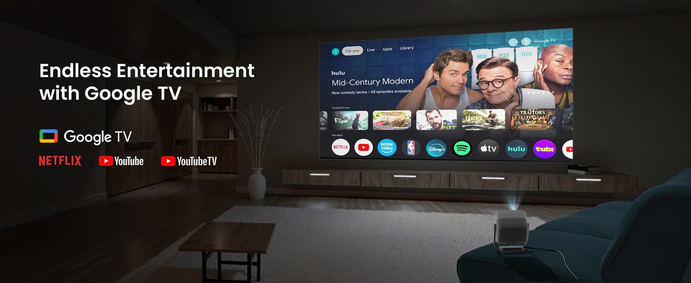 Wohnzimmer mit Google TV und Beamer.