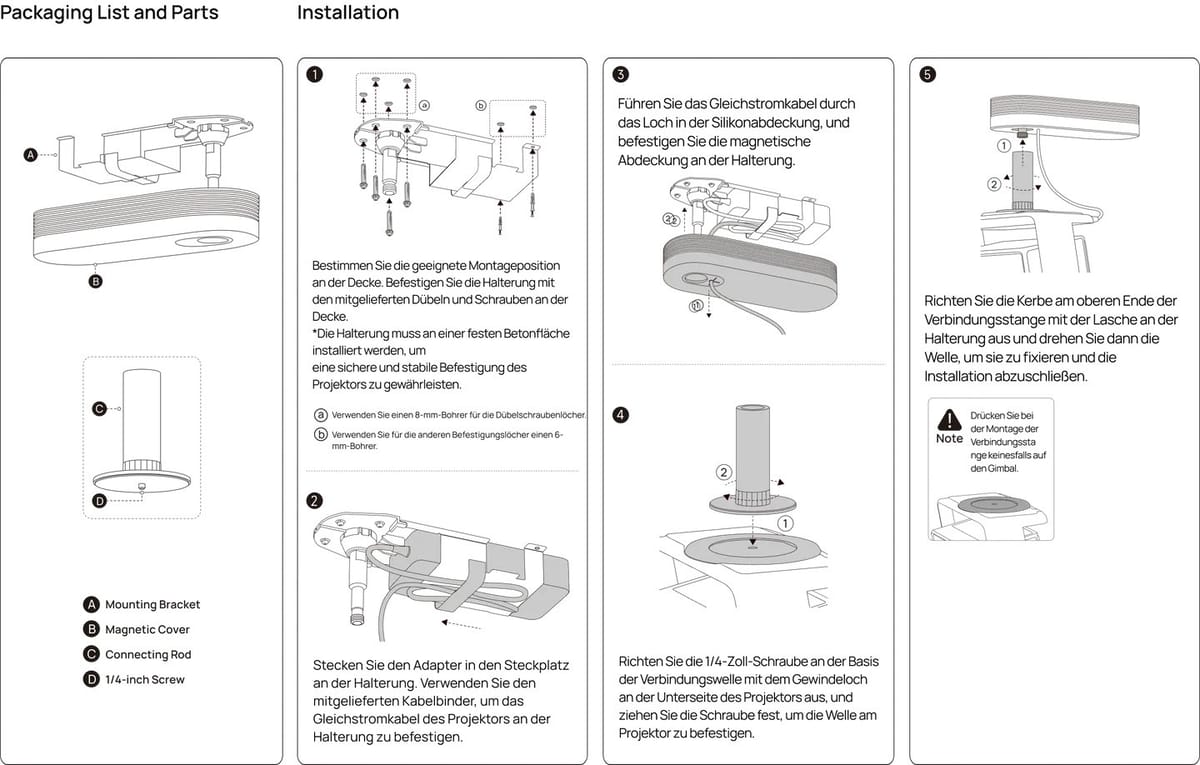 Beamer-Deckenhalterung Installationsanleitung und Teileliste.
