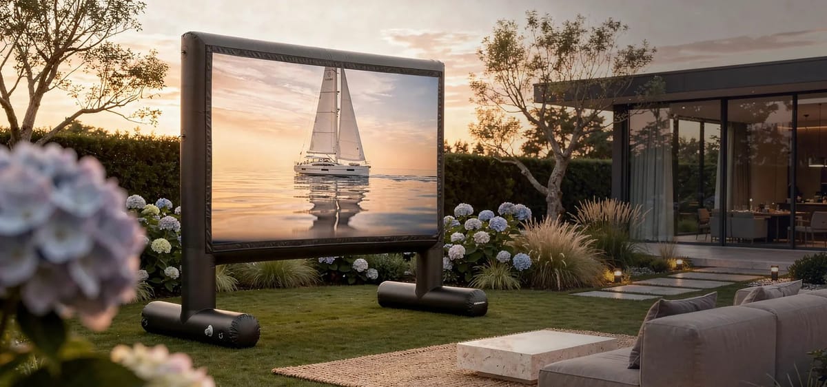 Garten mit aufblasbarer Leinwand und Beamer.