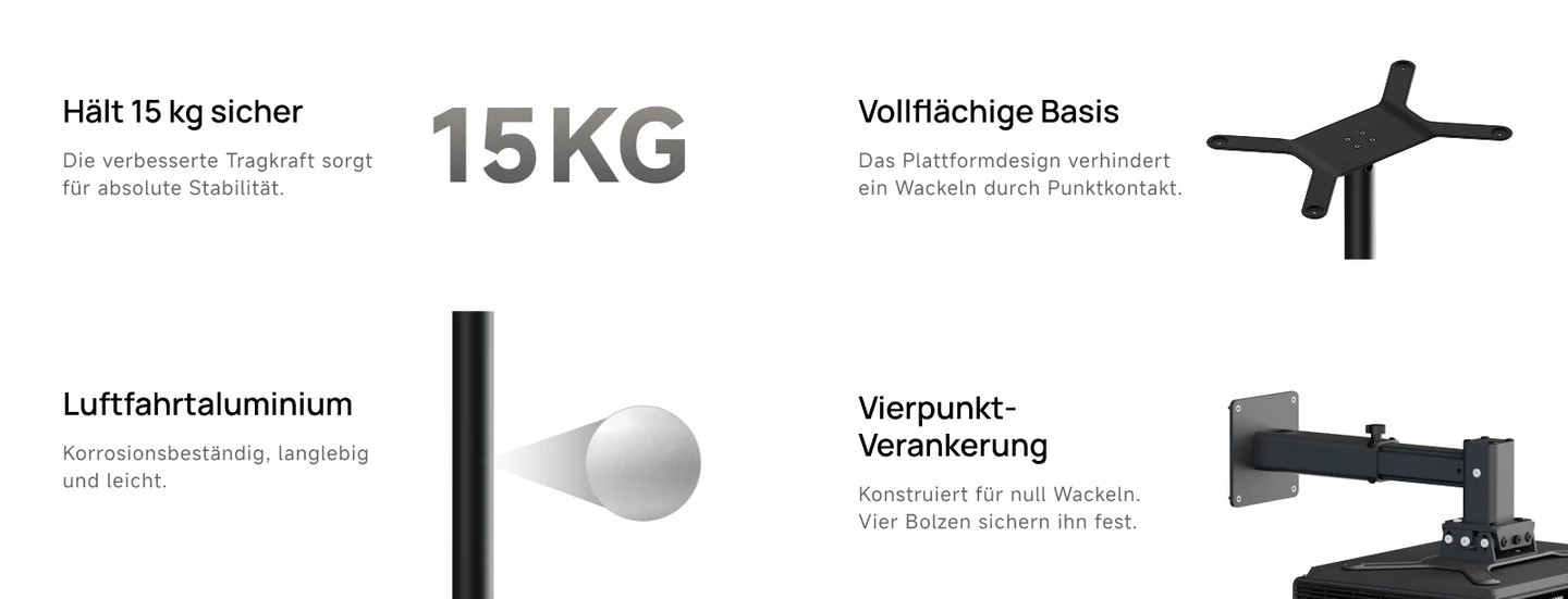 Beamerständer mit stabiler Aluminiumkonstruktion und Verankerung.