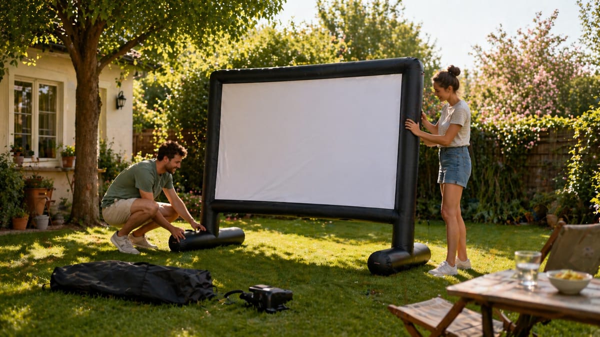 Paar baut aufblasbare Leinwand im Garten auf.