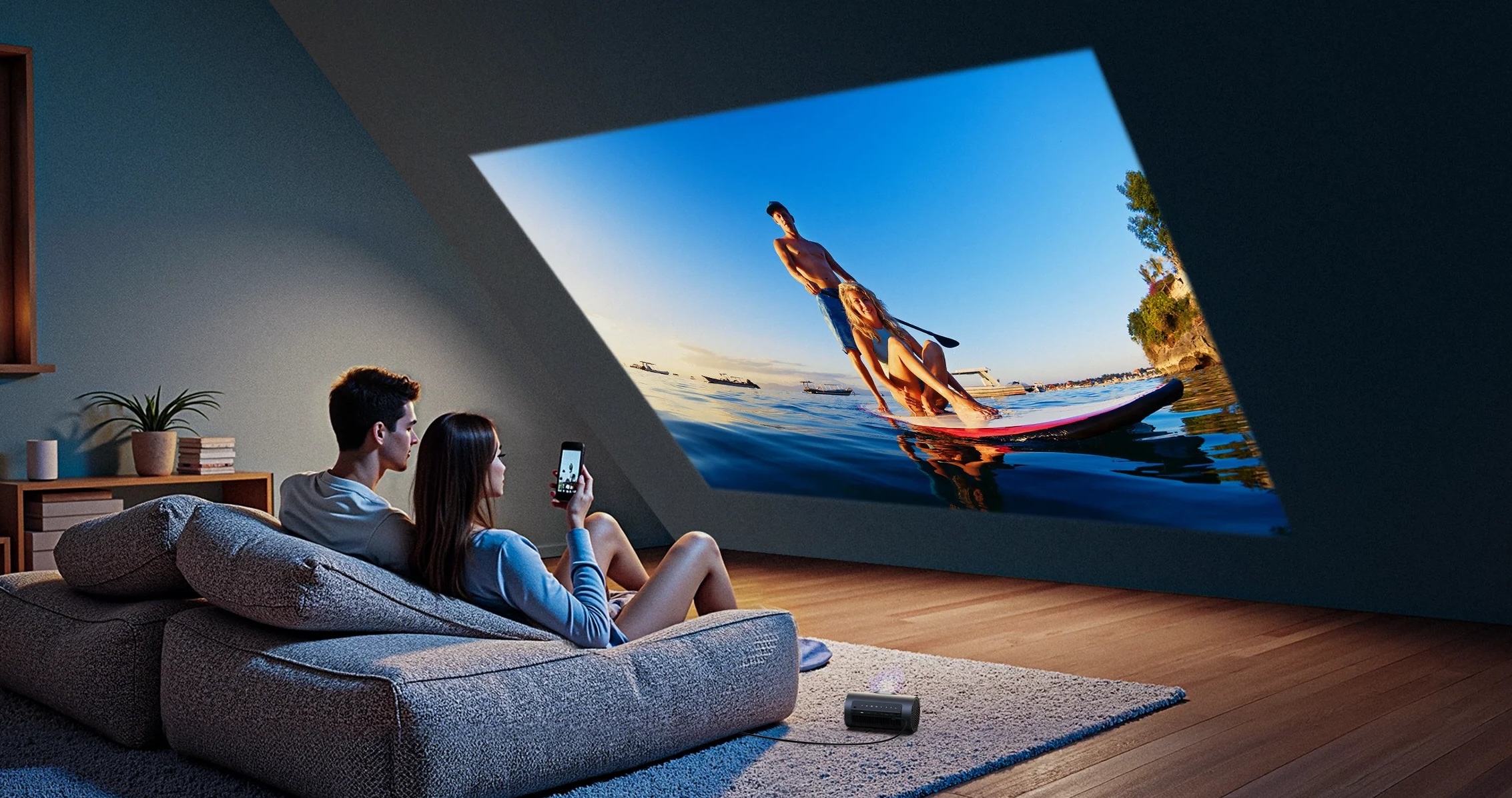 Paar schaut Film mit Beamer im Wohnzimmer.