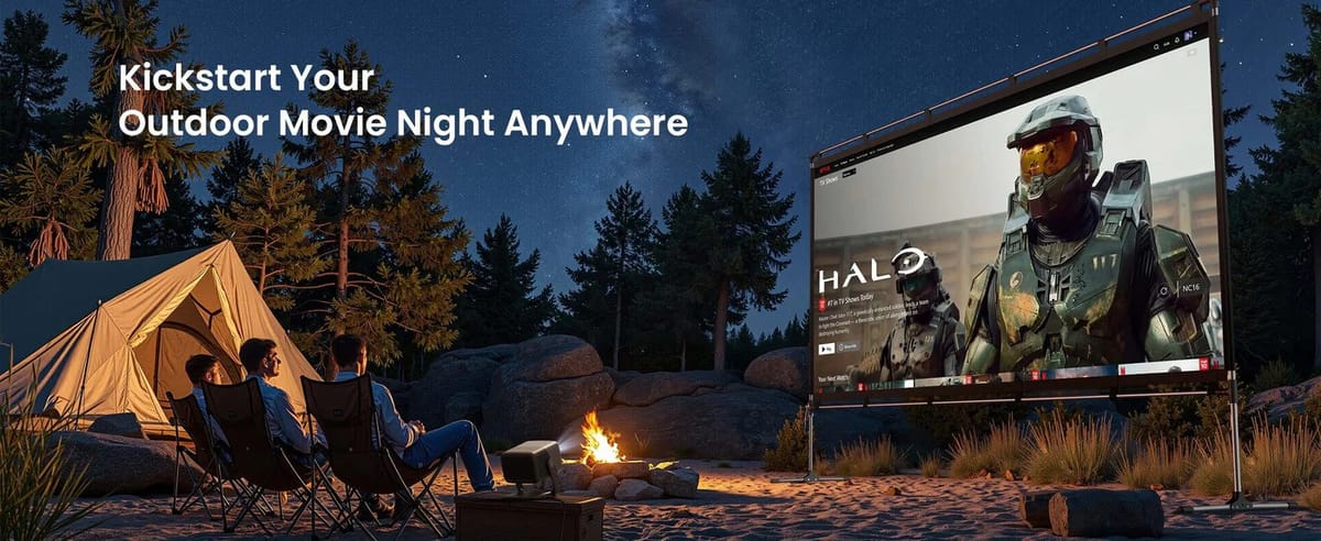 Outdoor-Kinoabend mit Beamer und Leinwand.