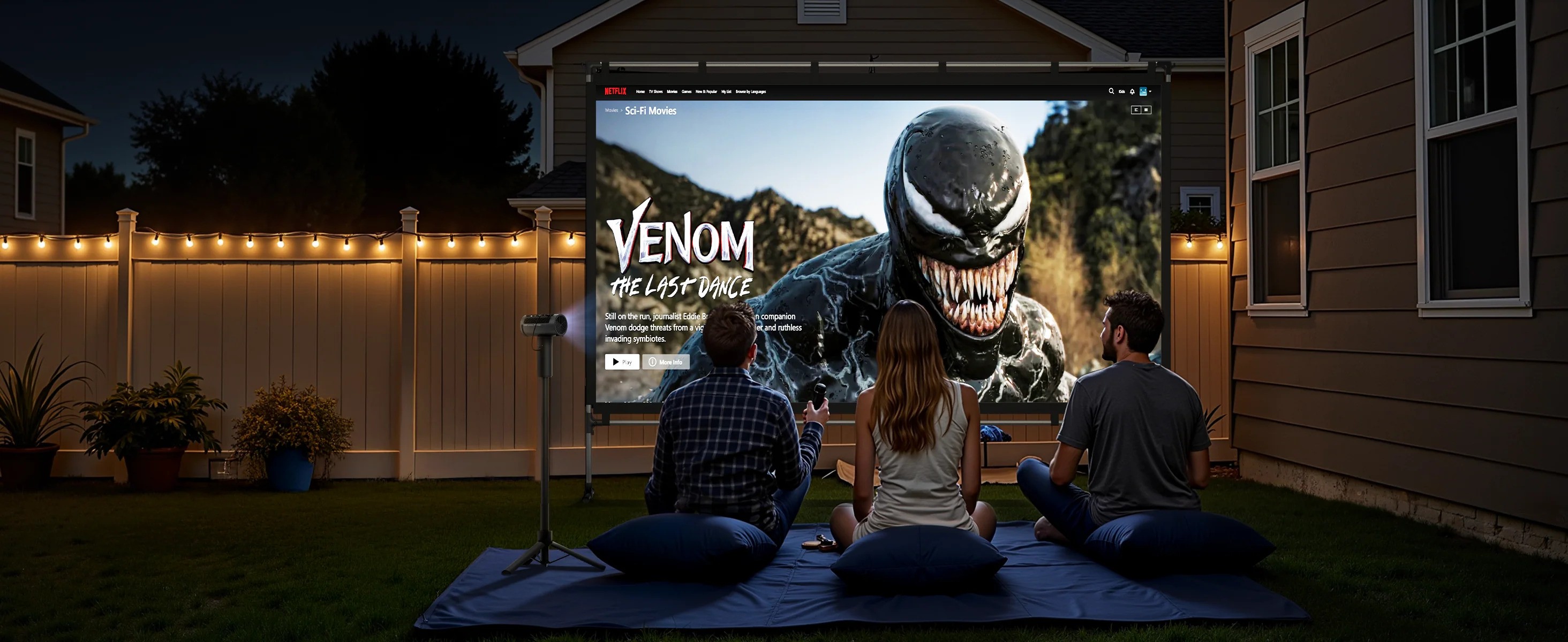 Leute schauen Film im Garten mit Beamer.