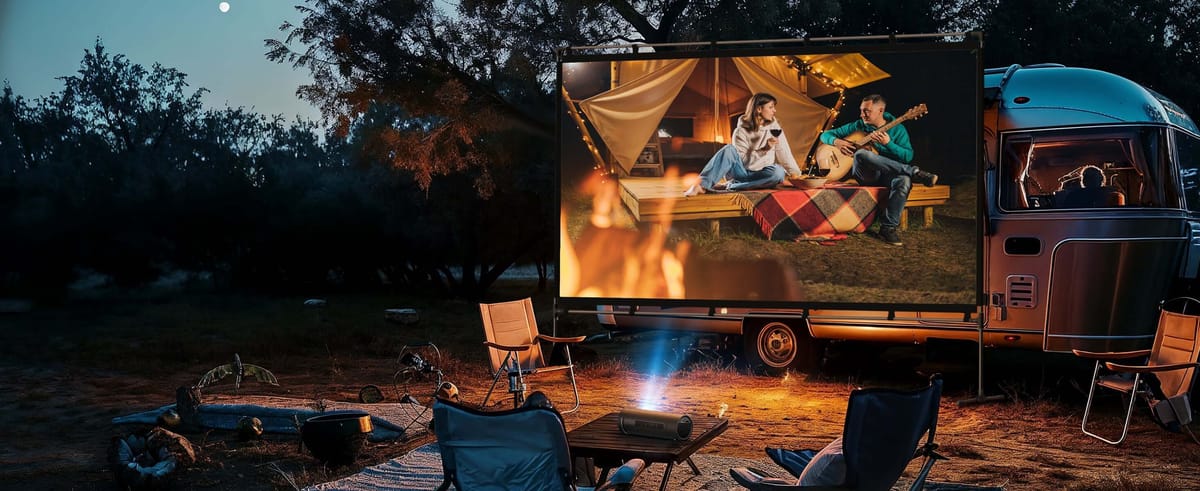 Campingplatz mit Beamer und Leinwand im Freien.