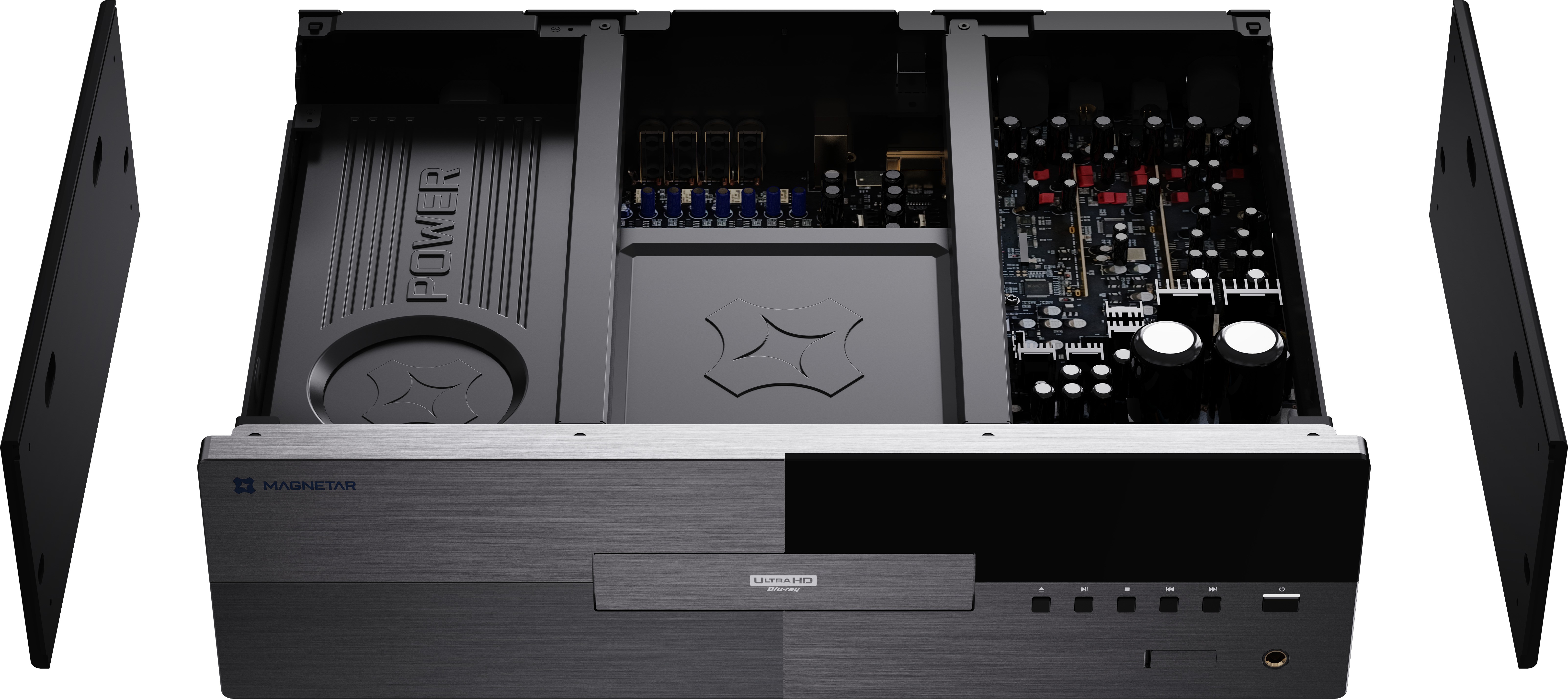 Offener Ultra HD Blu-ray-Player Innenansicht.