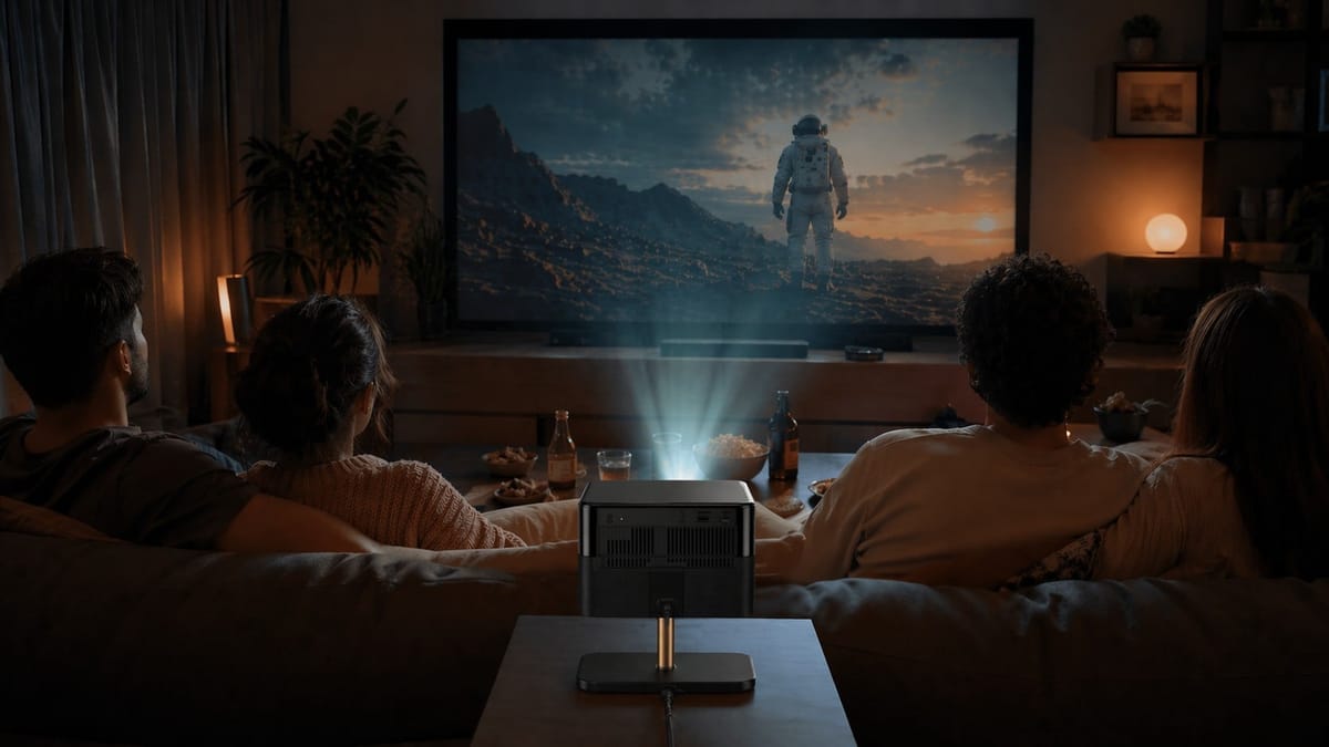 Vier Personen schauen einen Film mit Beamer.