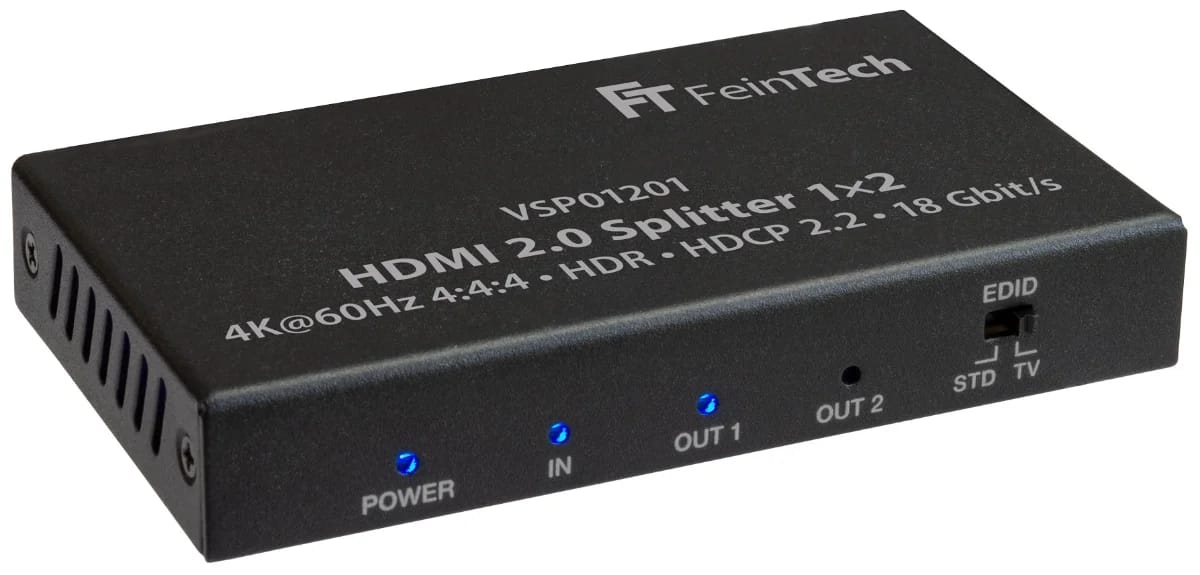 FeinTech VSP01201 HDMI 2.0 Splitter 1x2 Vorderseite mit LEDs und EDID-Schalter