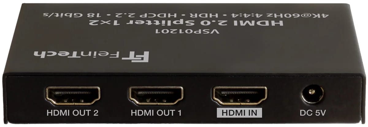 Rückseite des FeinTech VSP01201 mit HDMI OUT 2, OUT 1, IN und DC 5V