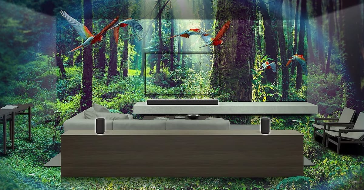 Wohnzimmer mit Waldprojektion und fliegenden Vögeln.