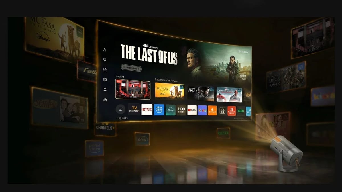 Startbildschirm von VIDAA mit Streaming-Apps auf großer Projektion.