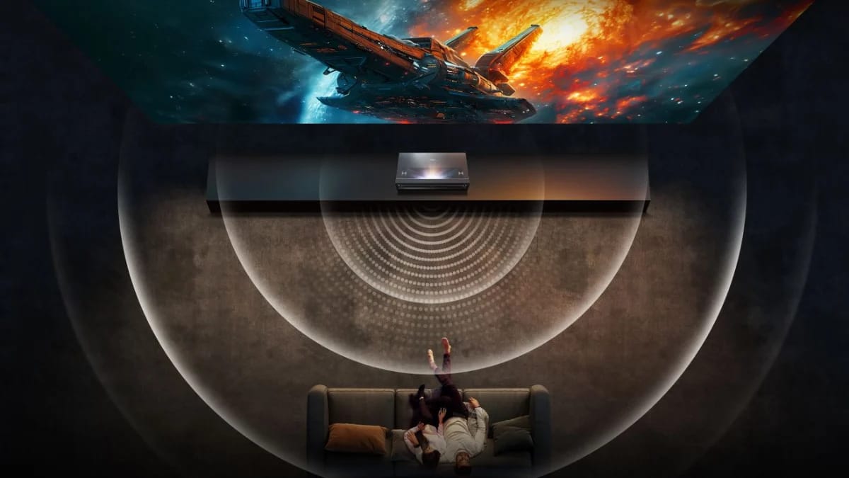 Illustration: Schallwellen vom Laser TV zum Sofa