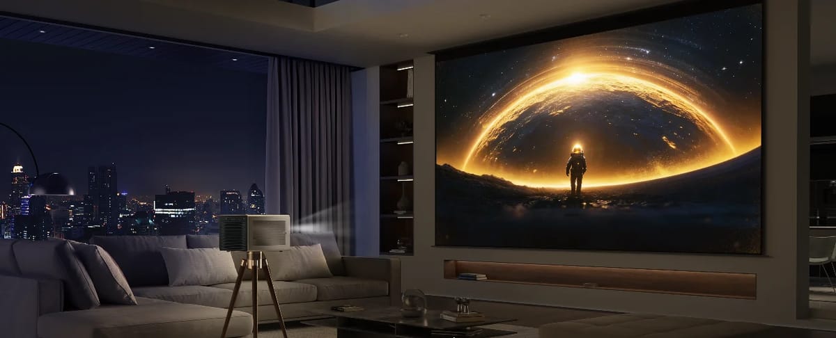 Hisense XR10 im Wohnzimmer am Abend mit Blick auf die Stadt