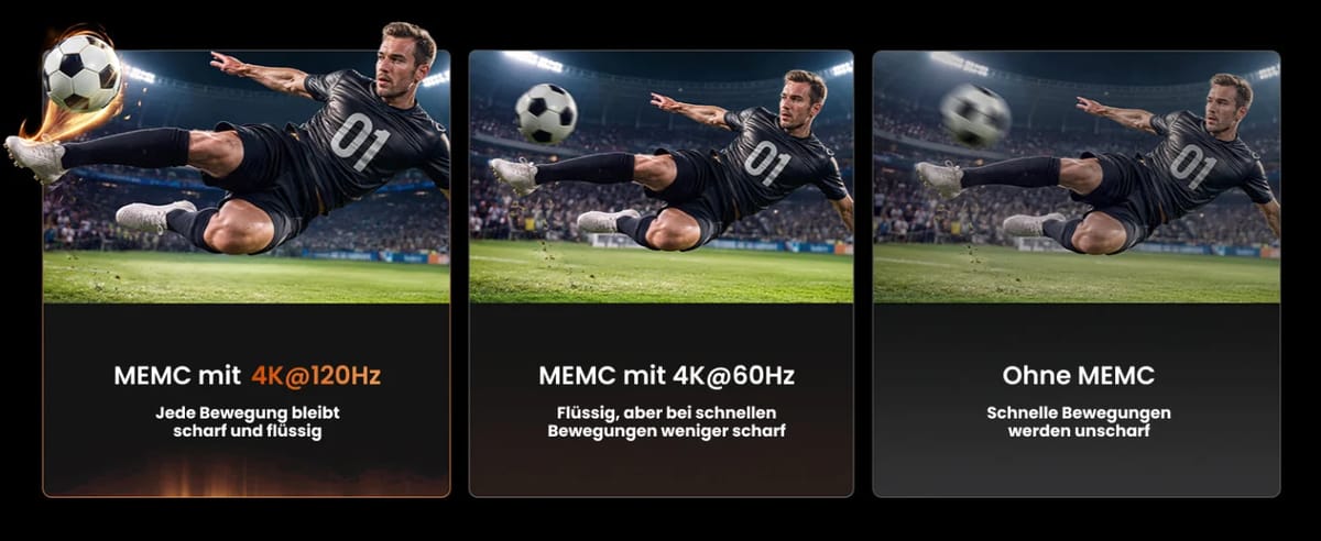 JMGO IRIS Ultra Max: MEMC mit 4K 120 Hz im Vergleich zu 60 Hz und ohne MEMC