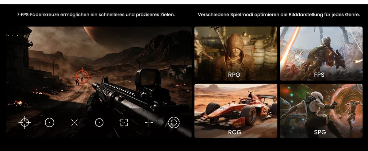 JMGO IRIS Ultra Max: Fadenkreuze und Spielmodi für RPG, FPS, Rennspiele und Sport