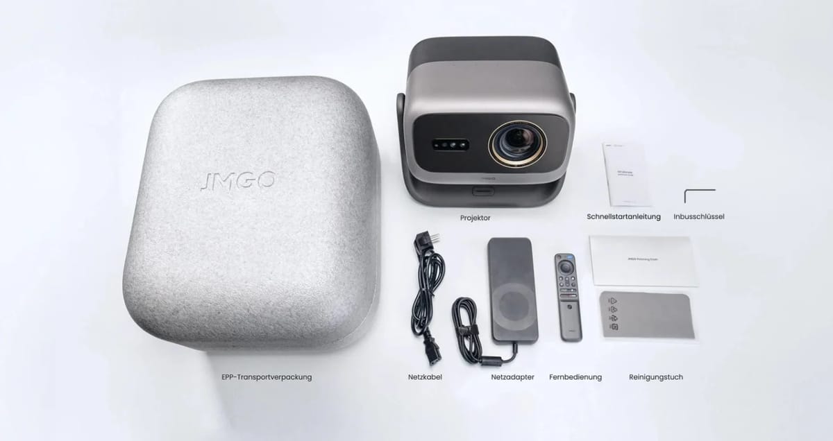 Lieferumfang mit Projektor, Transportverpackung, Netzteil, Fernbedienung und Zubehör